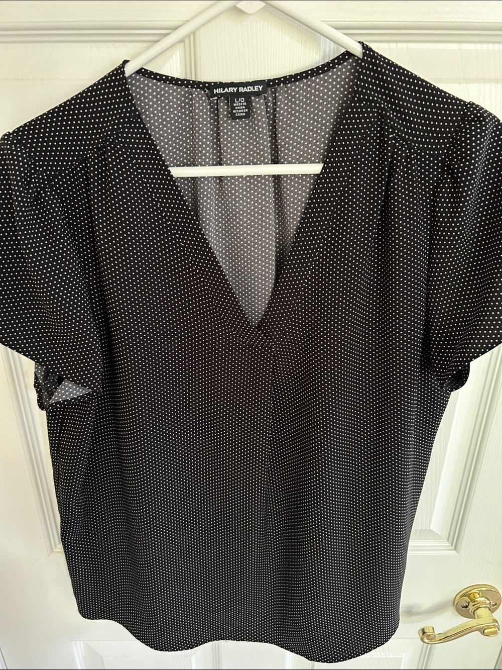 Hilary Radley Black and White Polka Dot V-Neck Blouse